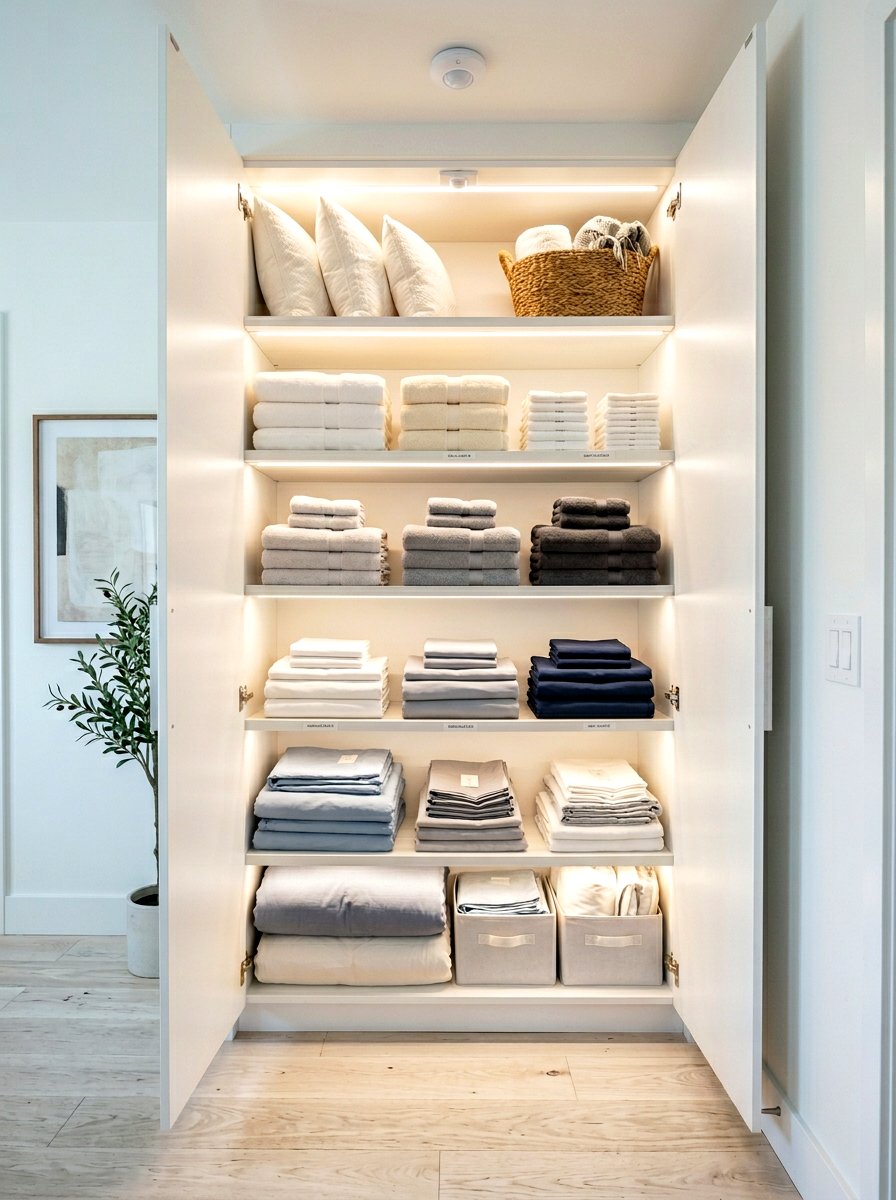 Illuminated Linen Closet - 30 hallway linen closet ideas