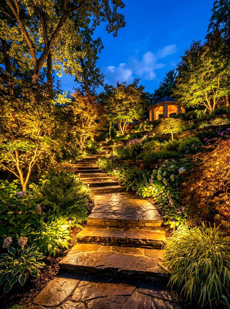 Illuminated Stone Path - 30 hillside landscaping ideas