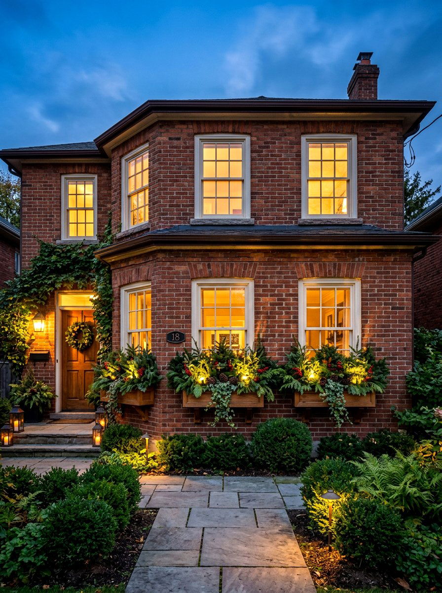 Illuminated window boxes - 30 front porch winter glow ideas