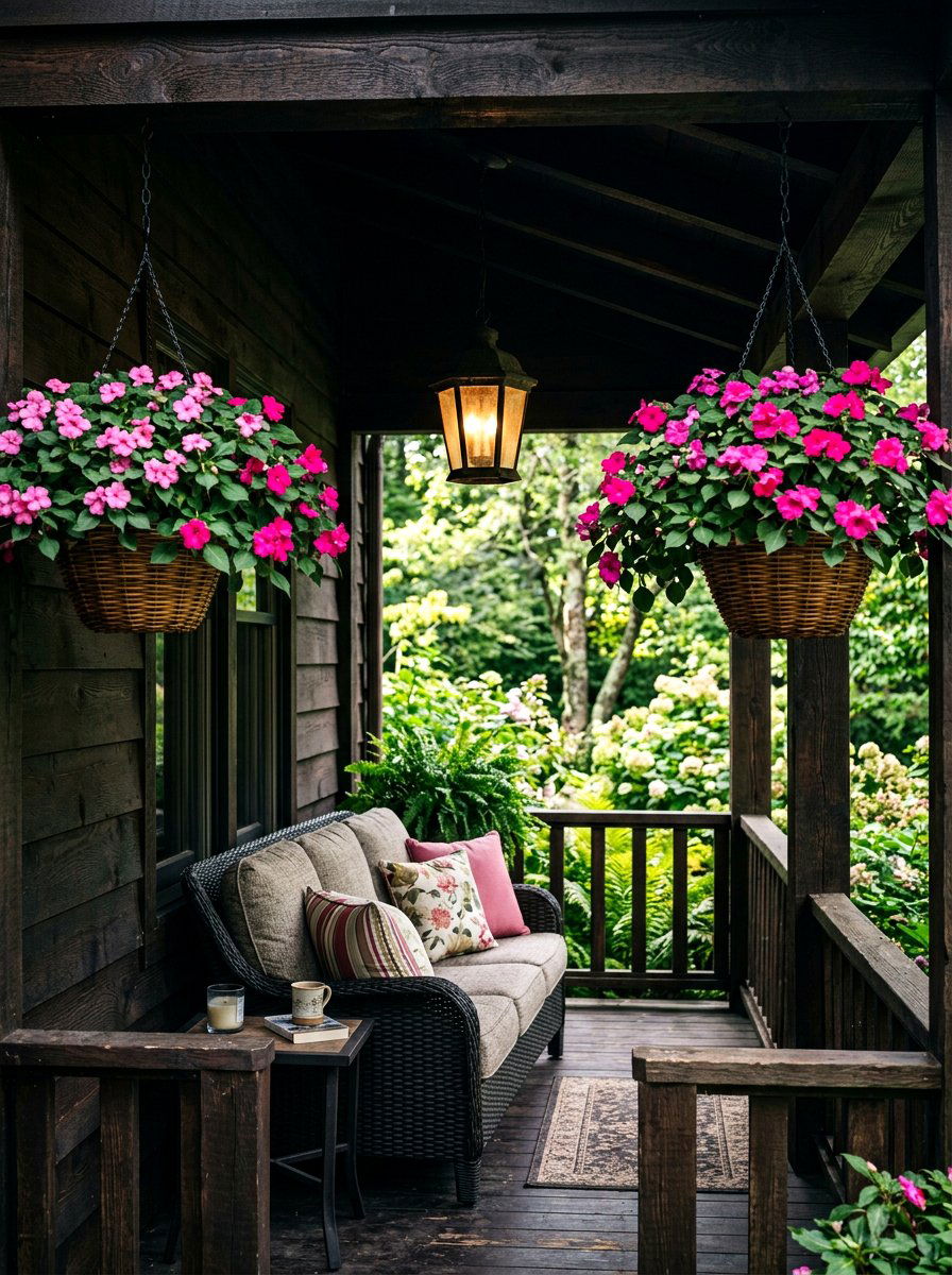 Impatiens shade basket - 30 porch floral basket ideas