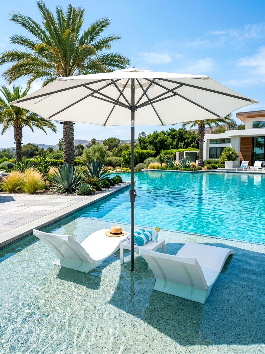 In Pool Sun Shelf Umbrella - 30 poolside umbrella lounge ideas
