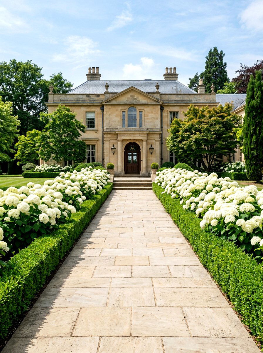 Incrediball hydrangea and boxwood formal walkway - 30 evergreen and hydrangea landscape ideas