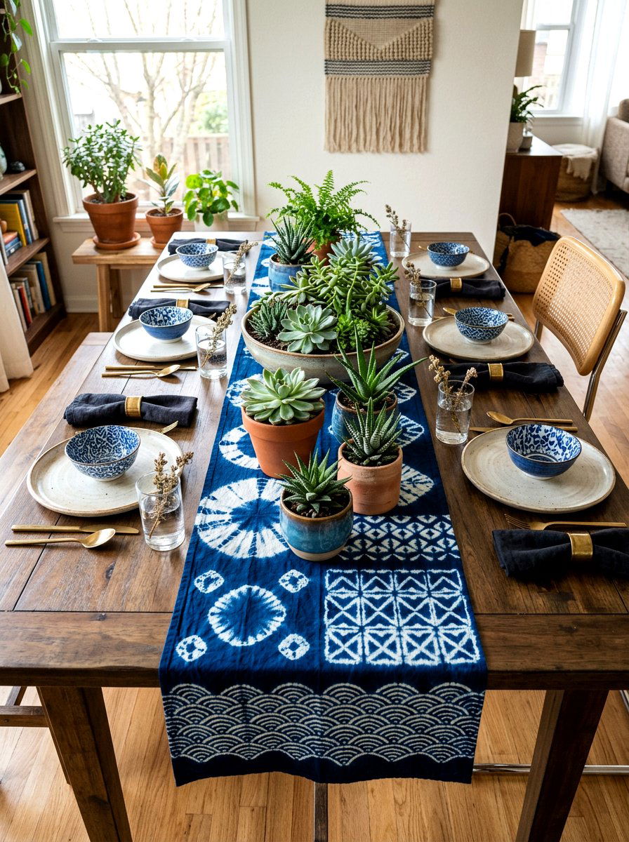 Indigo Shibori Table Runner - 30 blue and white table decor ideas