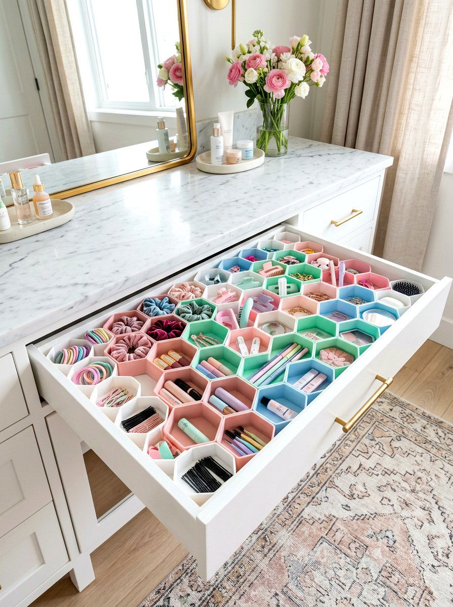 Individual honeycomb dividers - 30 vanity drawer organization ideas
