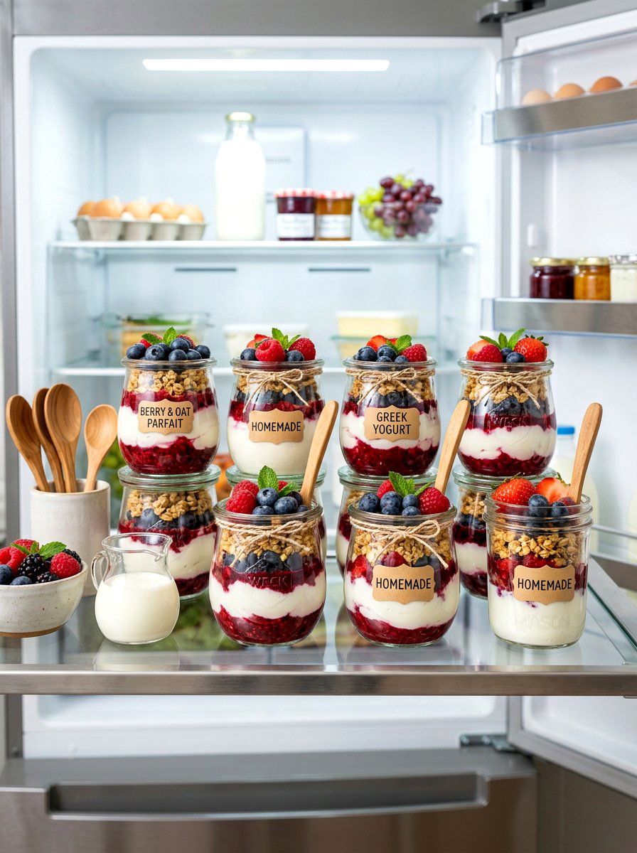 Individual yogurt parfaits jars - 30 aesthetic fridge organization ideas