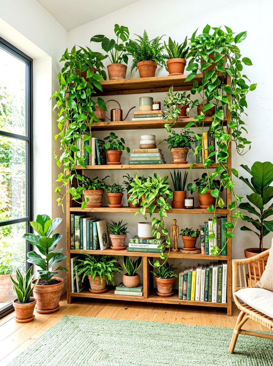Indoor Jungle Plant Filled Shelving - 30 bookshelf styling ideas