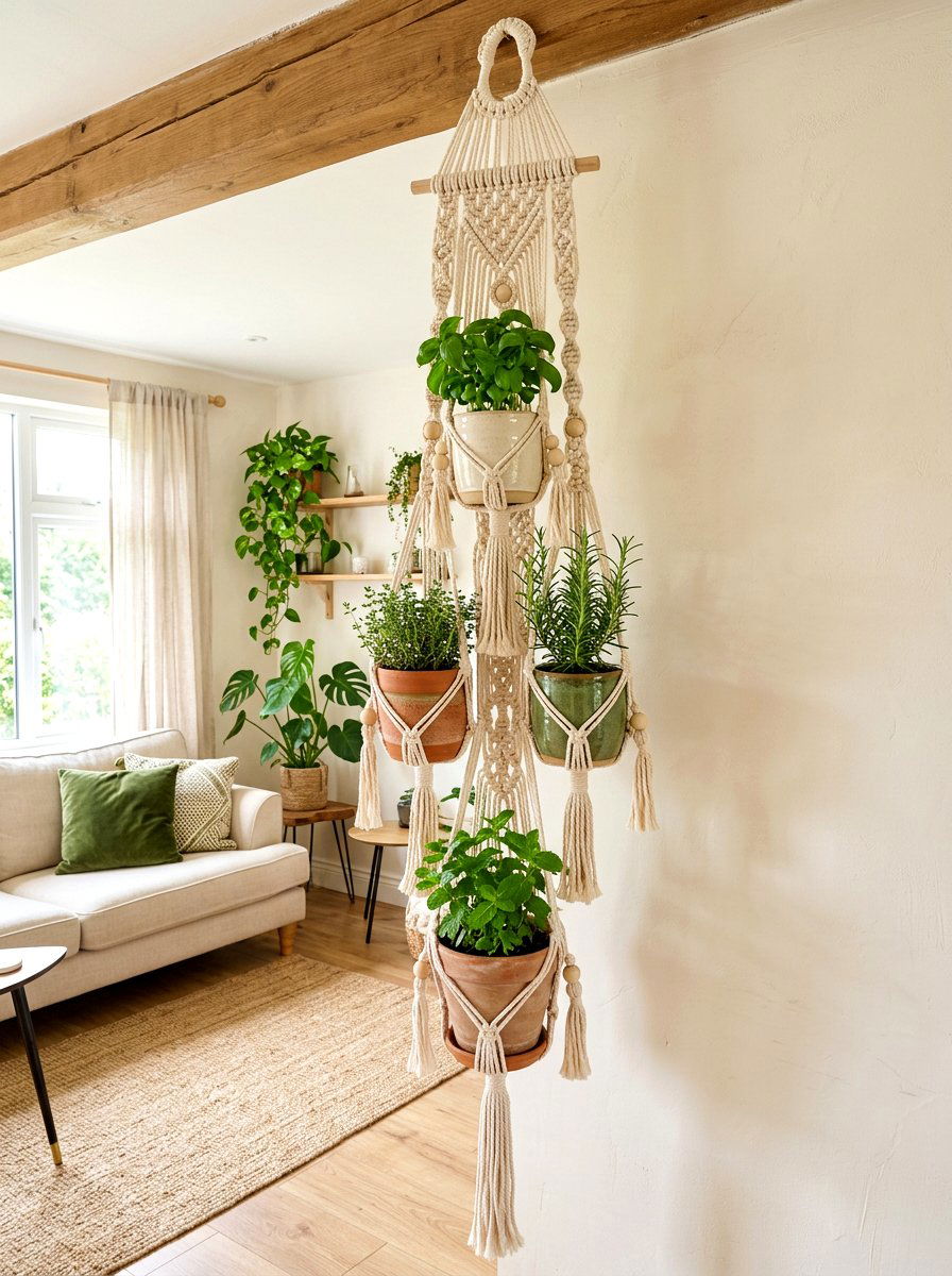 Indoor Macrame Herb Hanger - 30 hanging herb garden ideas