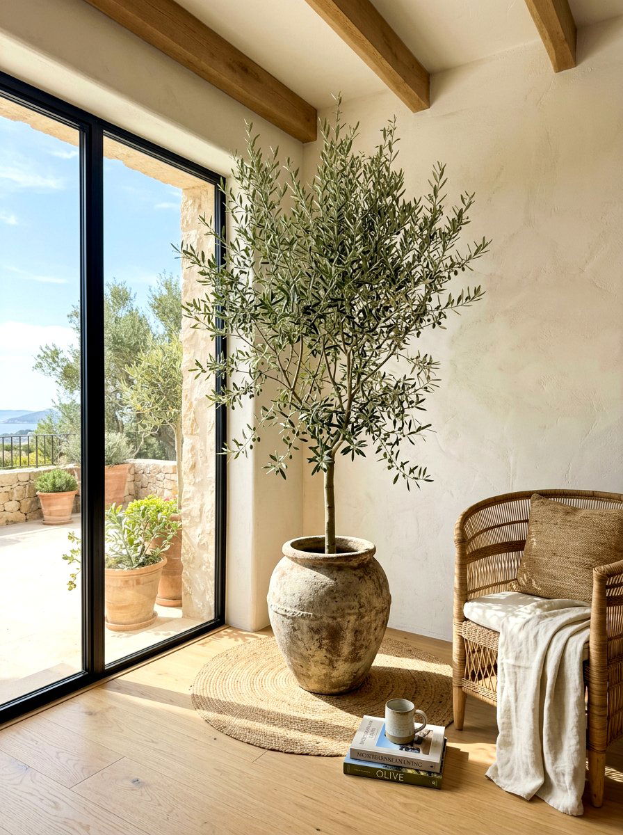Indoor Olive Tree Display - 30 soft minimal apartment ideas