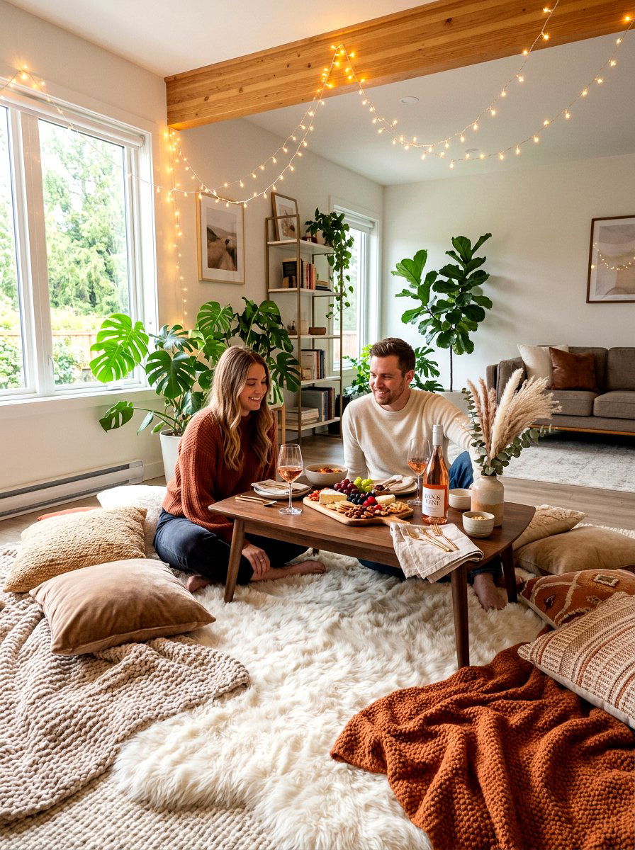 Indoor floor picnic setup - 30 romantic dinner party ideas at home