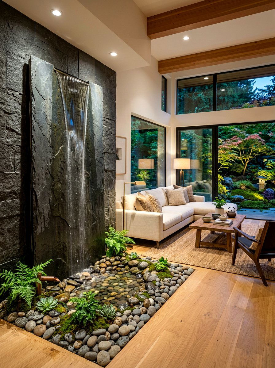Indoor fountain living room - 30 nature inspired living room ideas