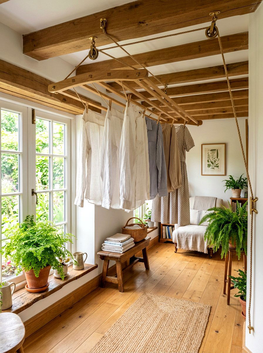 Indoor hanging clothes drying rack - 30 eco laundry room ideas