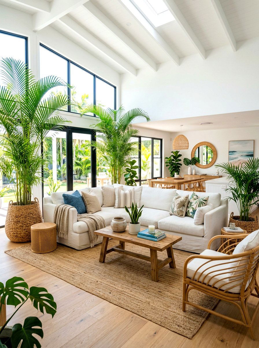 Indoor palm living room - 30 coastal summer living room ideas