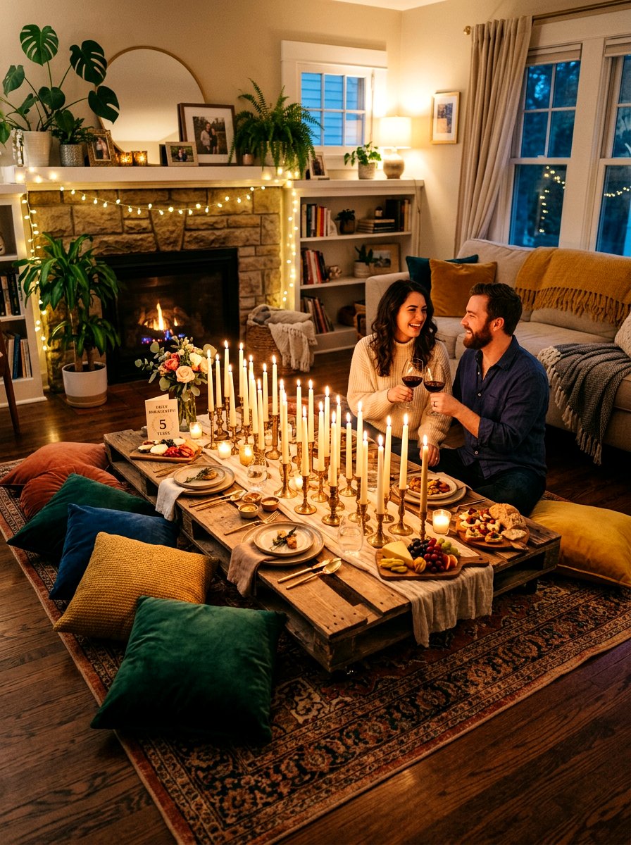 Indoor picnic living room - 30 anniversary dinner at home ideas