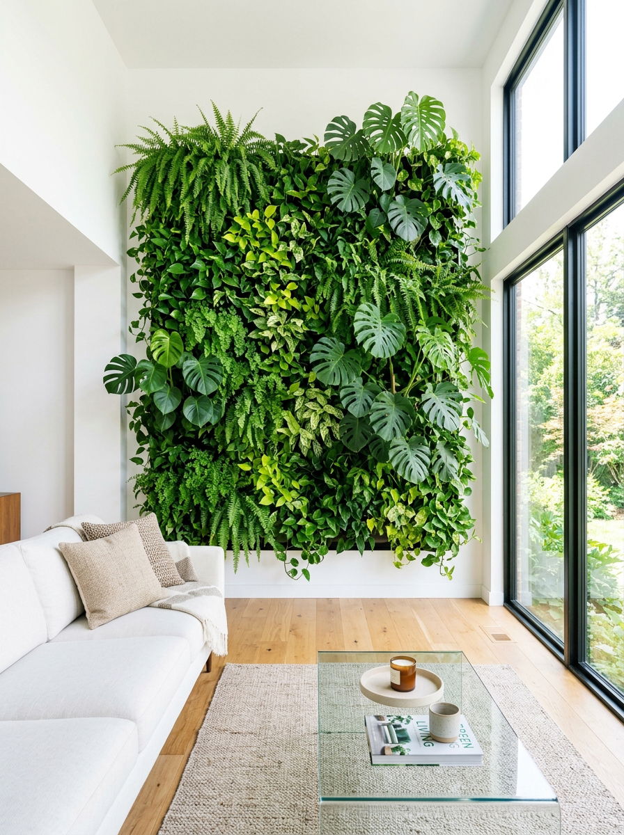 Indoor plant wall living room - 30 no fireplace living room ideas