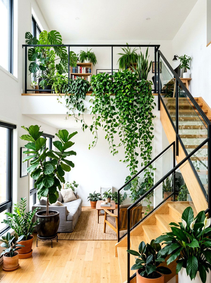 Indoor plants for split level decoration - 30 split level living room ideas