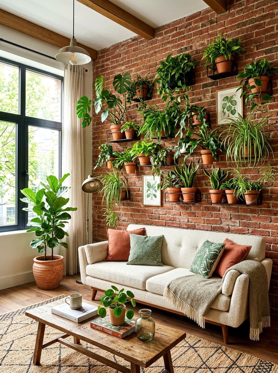 Indoor plants on brick wall - 30 exposed brick living room ideas