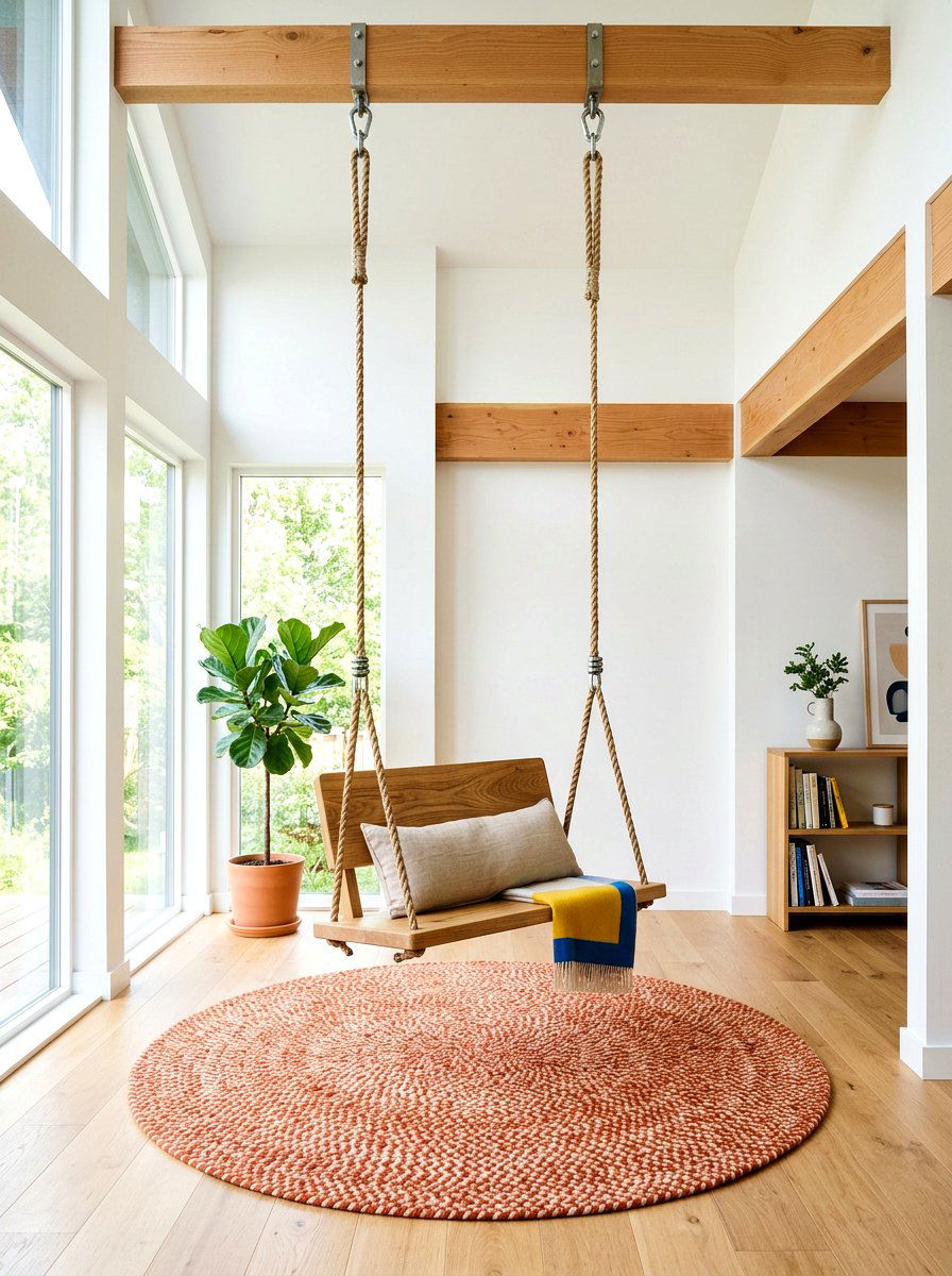 Indoor wooden swing seat - 30 Montessori playroom aesthetic ideas