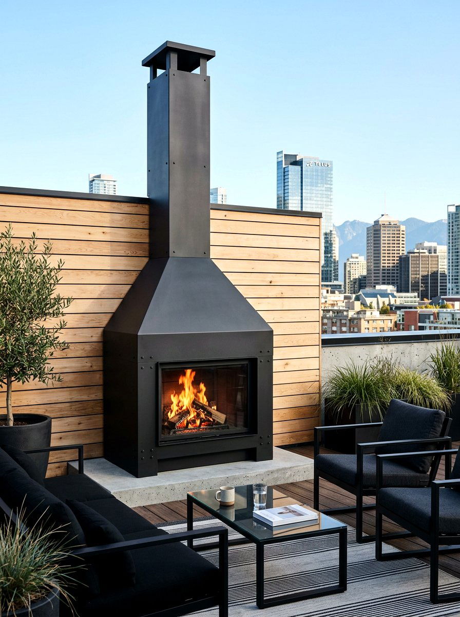 Industrial Black Metal Fireplace - 30 patio fireplace ideas