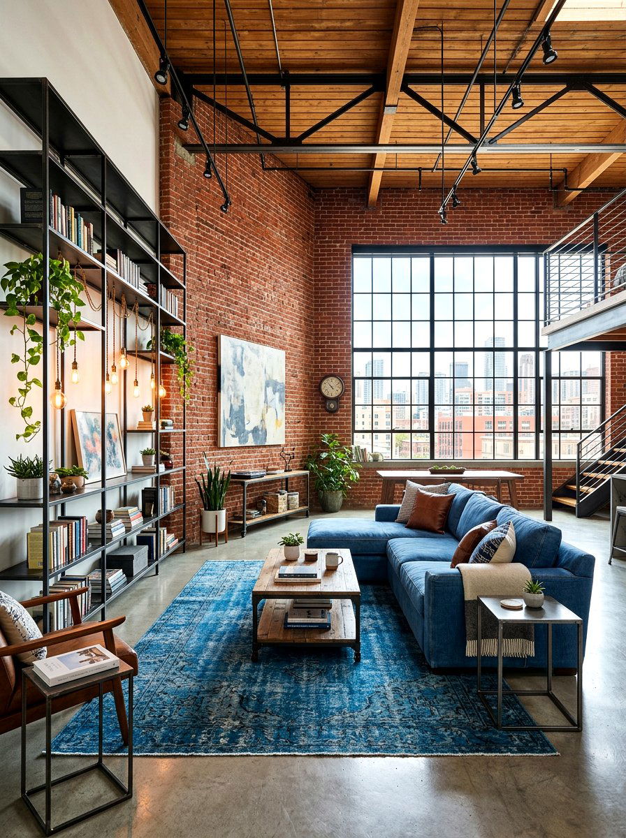 Industrial Blue Loft Living Room - 30 denim blue living room ideas