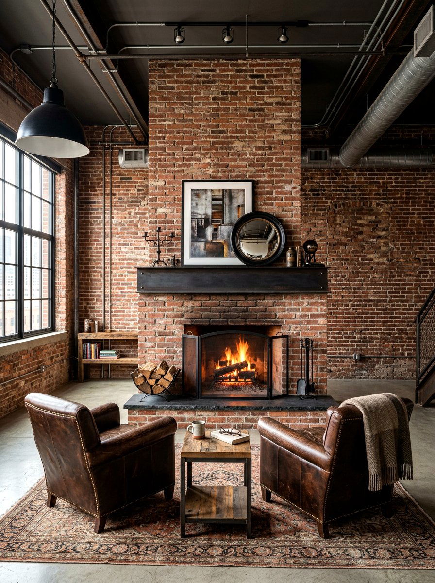 Industrial Brick Wall - 30 basement fireplace ideas