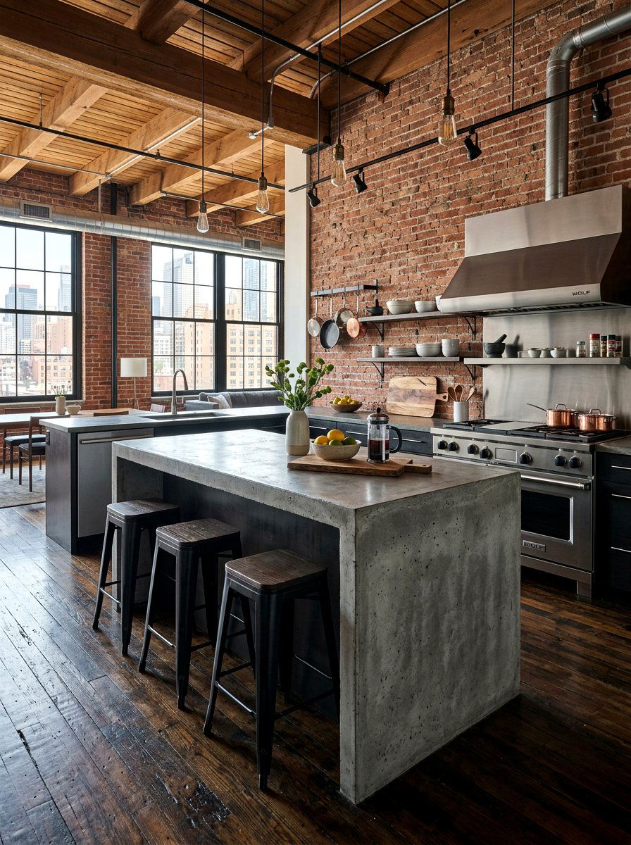 Industrial Concrete Waterfall Counter - 30 waterfall countertop ideas