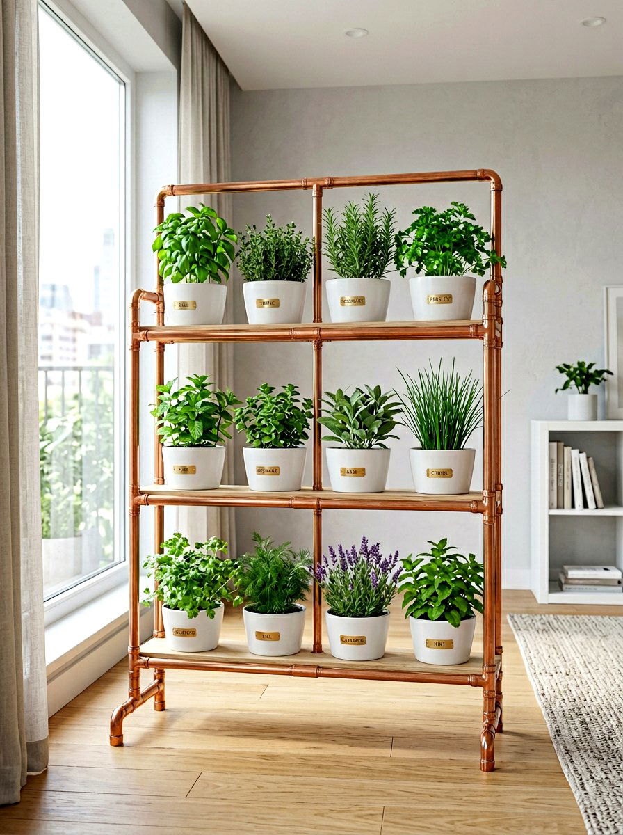Industrial Copper Pipe Herb Stand - 30 herb garden bed ideas