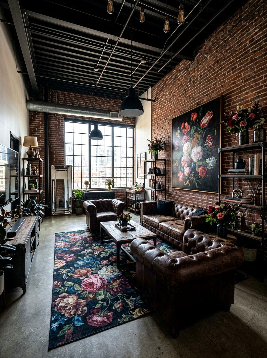 Industrial Dark Floral Space - 30 dark floral living room ideas
