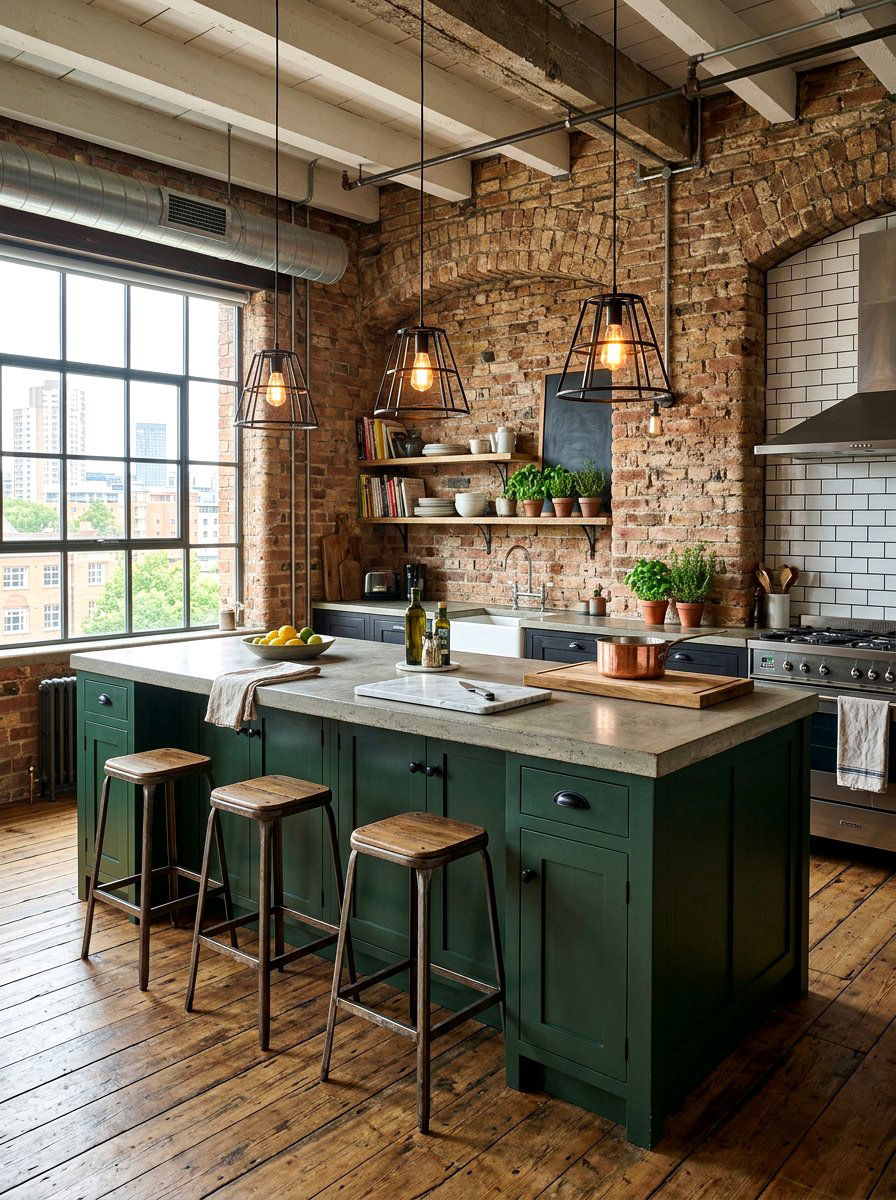 Industrial Dark Green Island Brick Wall - 30 dark green kitchen island ideas