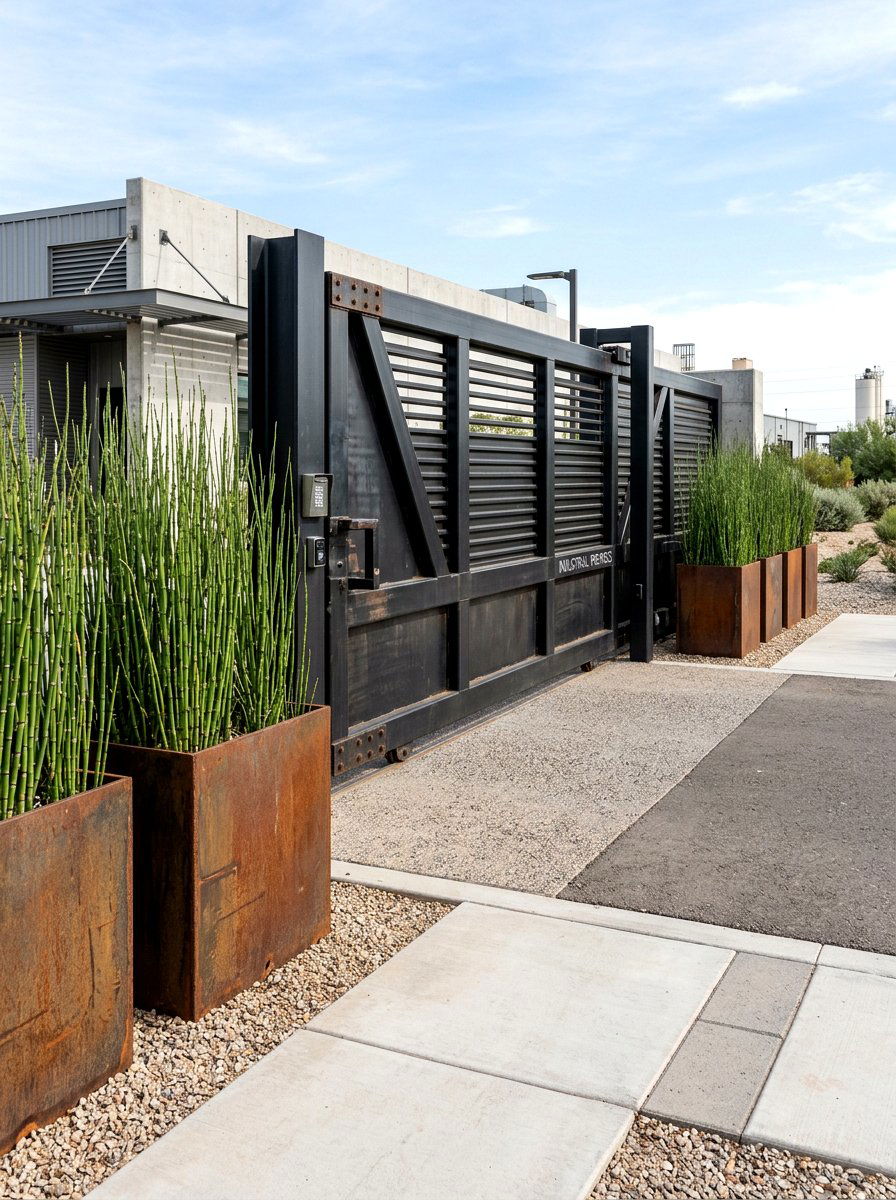 Industrial Gate With Cor Ten Steel Planters - 30 driveway gate landscaping ideas