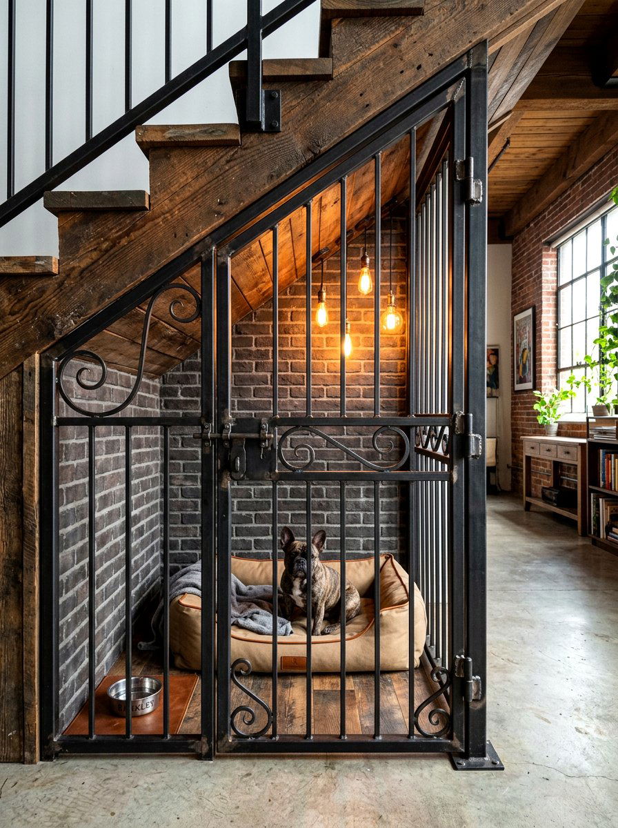 Industrial Iron Gate Dog Nook - 30 under stairs dog nook ideas