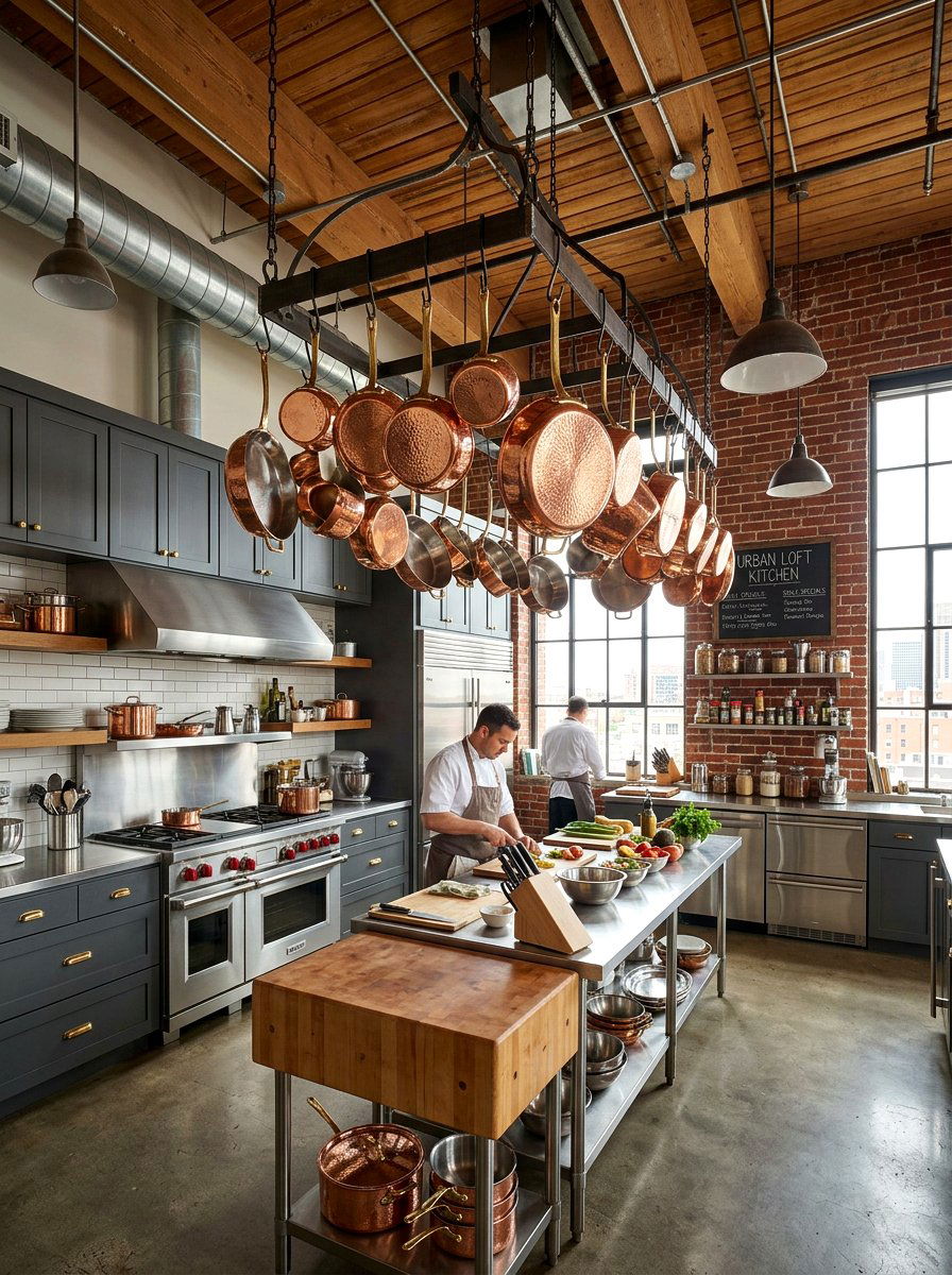 Industrial Kitchen With Hanging Copper Pots - 30 copper kitchen accent ideas