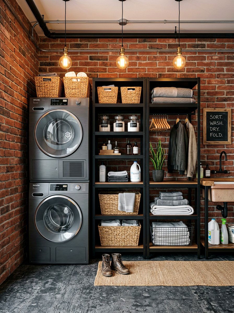 Industrial Laundry Closet - 30 stacked laundry closet ideas