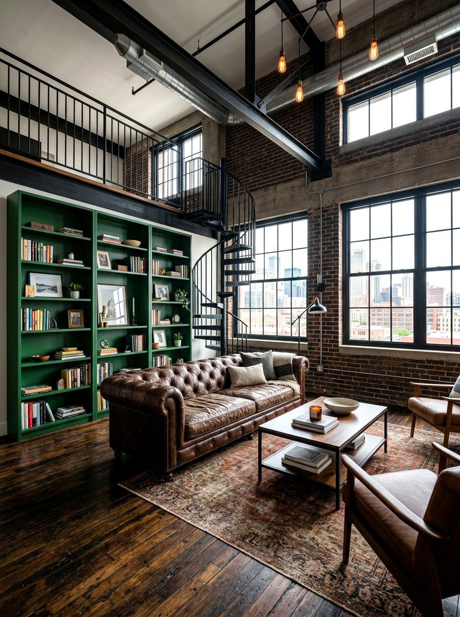 Industrial Living Room With Green Metal Accents And Brown Leather - 30 forest green and brown living room ideas
