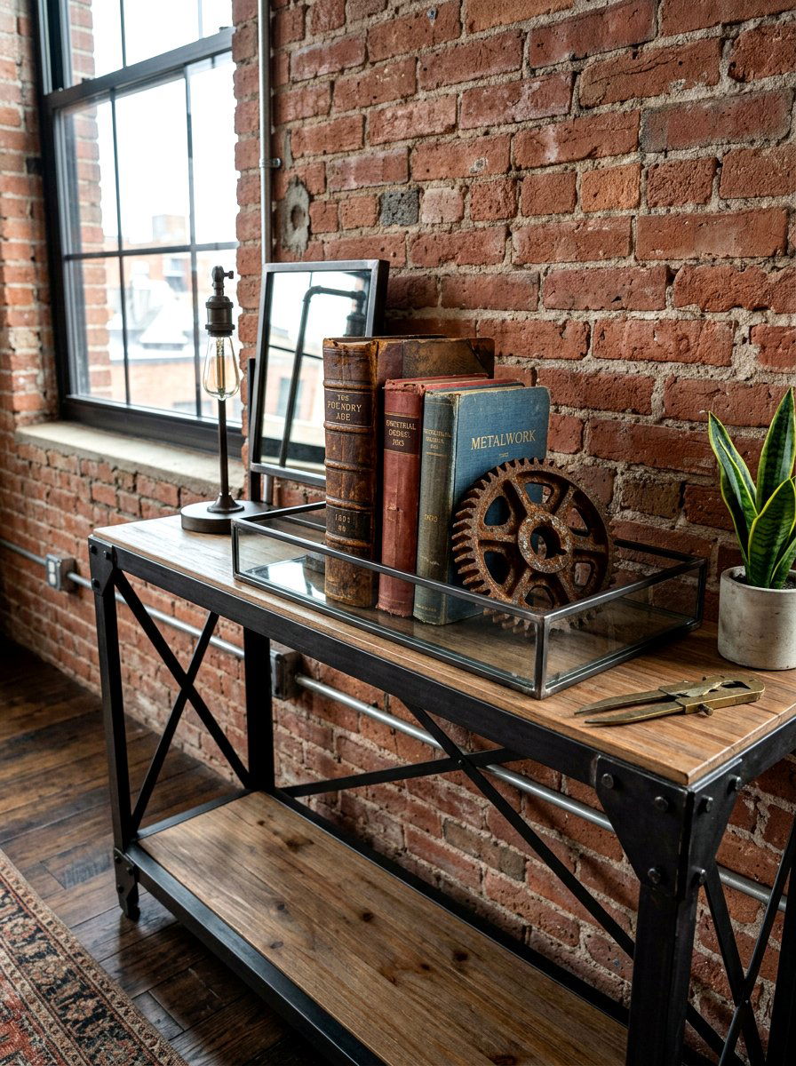 Industrial Loft Console With Vintage Book Glass Tray - 30 vintage book decor ideas