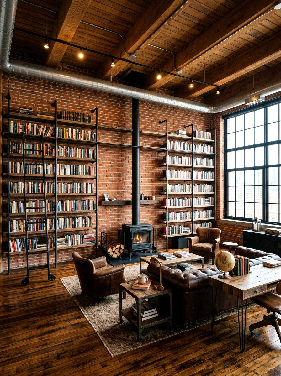 Industrial Loft Library Fireplace - 30 library fireplace ideas