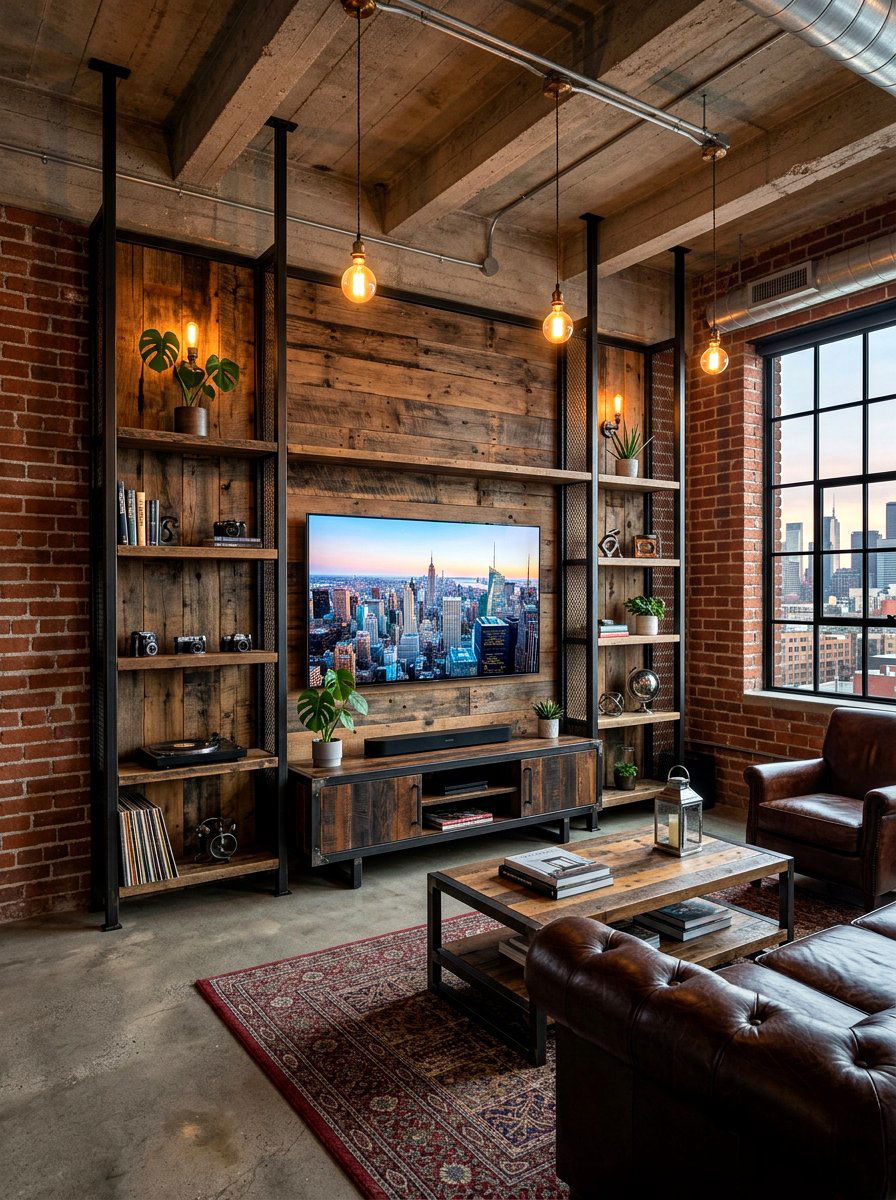 Industrial Media Wall With Metal Accents - 30 built in media wall ideas