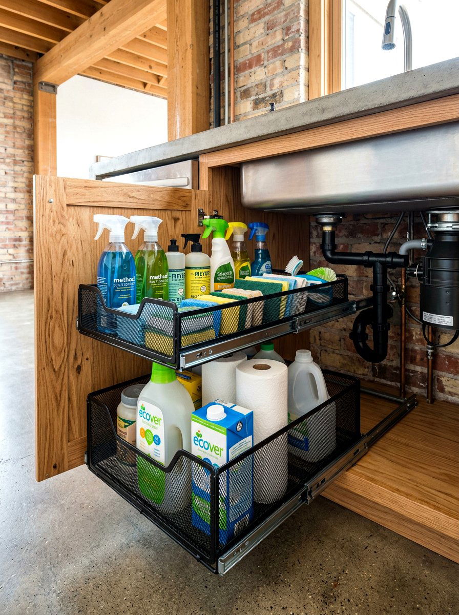 Industrial Mesh Basket Scheme - 30 under sink kitchen organization ideas