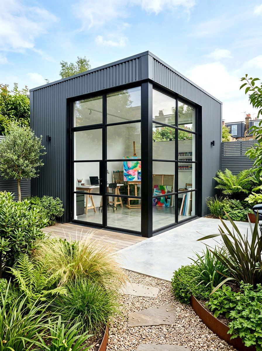 Industrial Metal Garden Studio - 30 outdoor garden room ideas