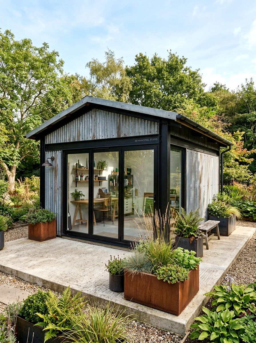 Industrial Metal Garden Studio - 30 garden studio shed ideas