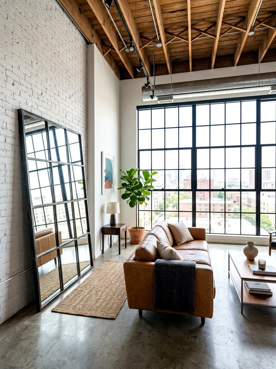 Industrial Metal Grid Mirror - 30 statement floor mirror living room ideas