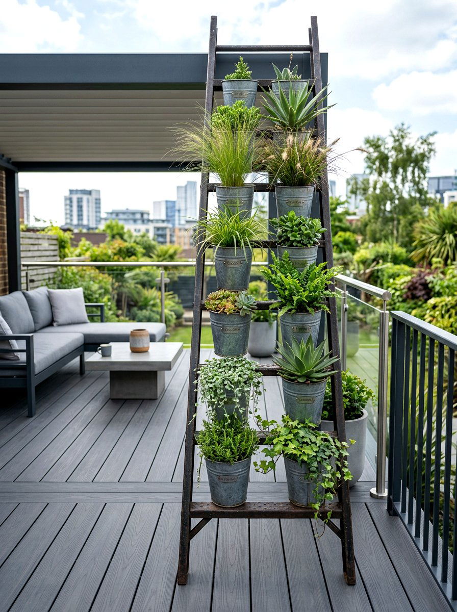 Industrial Metal Ladder Garden - 30 repurposed ladder garden ideas