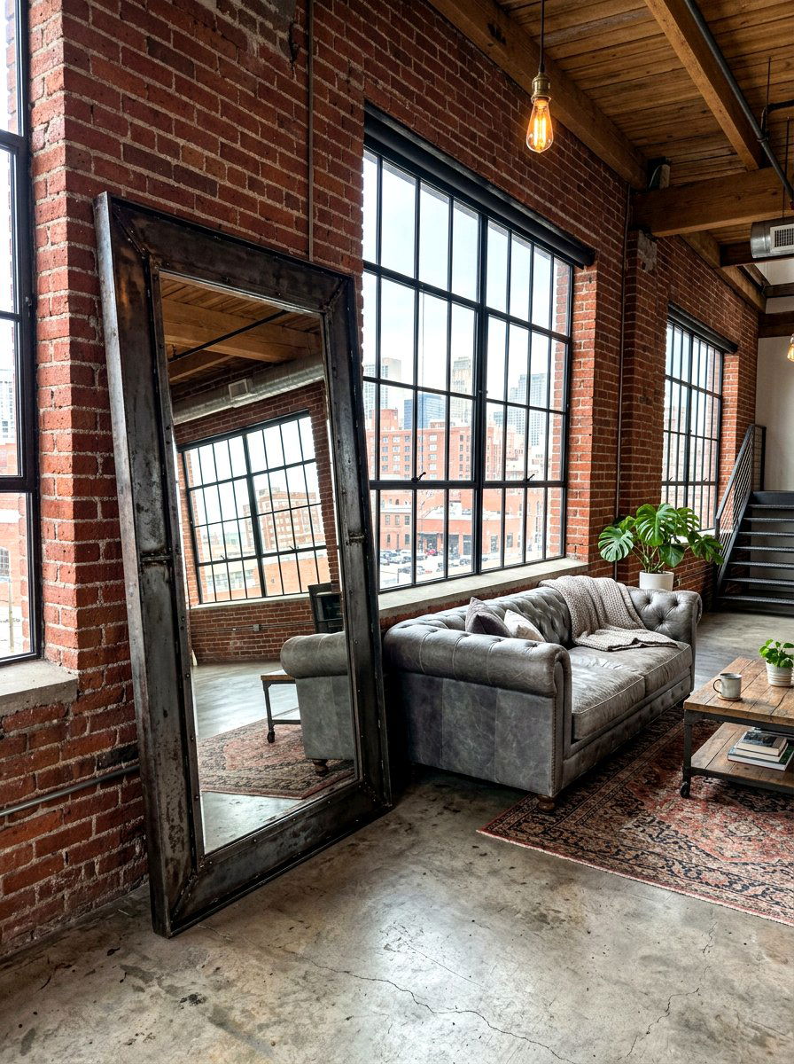 Industrial Metal Leaner Mirror Loft - 30 oversized mirror leaning wall ideas