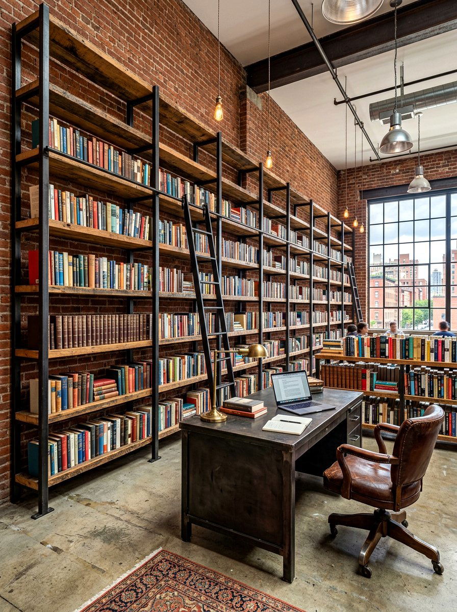 Industrial Metal Library Shelves - 30 classic office library ideas