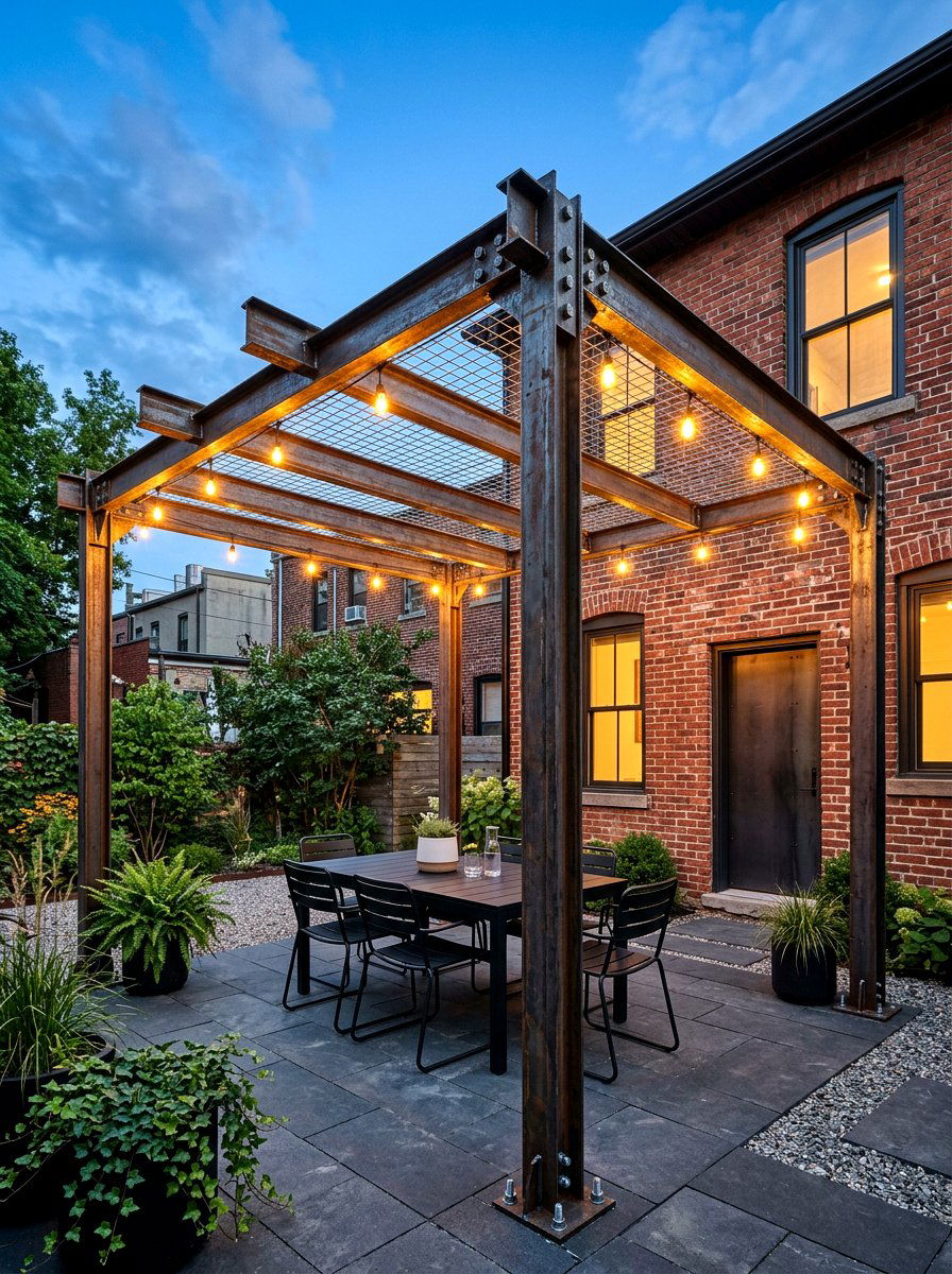 Industrial Metal Pergola - 30 attached pergola ideas