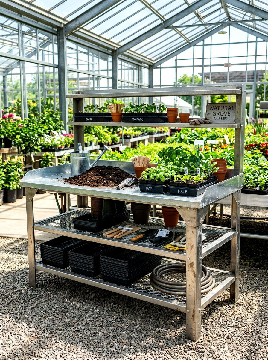 Industrial Metal Potting Station - 30 greenhouse potting bench ideas