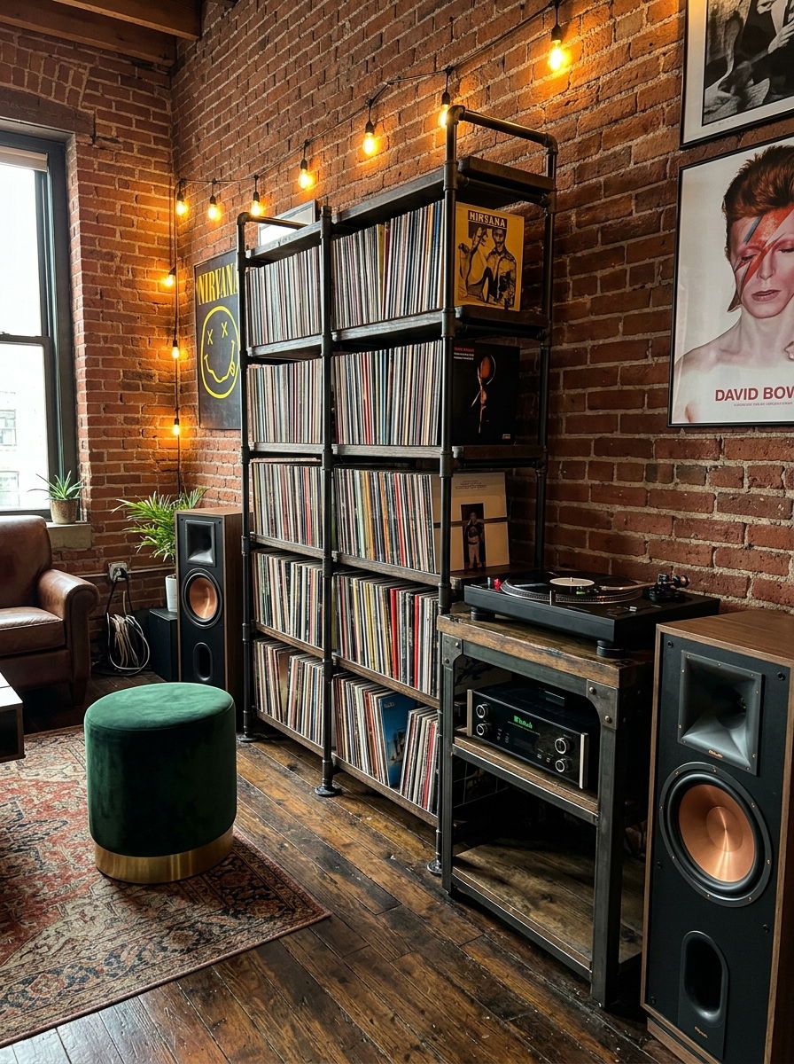 Industrial Metal Record Rack - 30 vinyl listening corner ideas