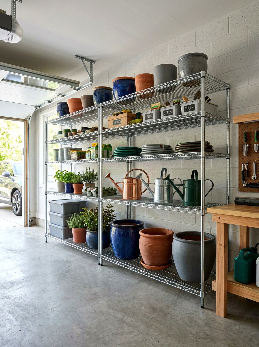 Industrial Metal Shelving - 30 garage gardening station ideas