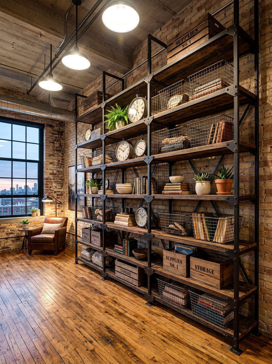 Industrial Metal Shelving - 30 aesthetic bookshelf styling apartment ideas