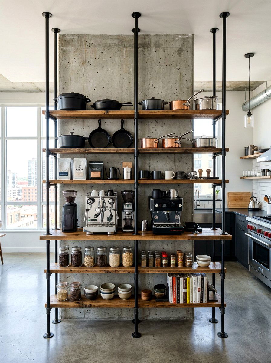 Industrial Metal Shelving - 30 coffeehouse kitchen decor ideas