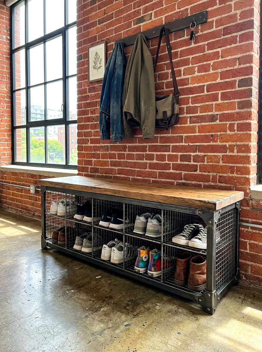 Industrial Metal Shoe Storage Bench - 30 shoe cubby bench ideas